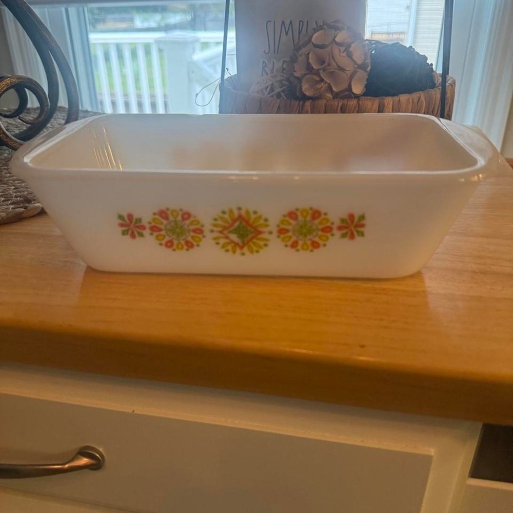 Vintage Anchor Hocking milk glass loaf pan casserole dish with floral design